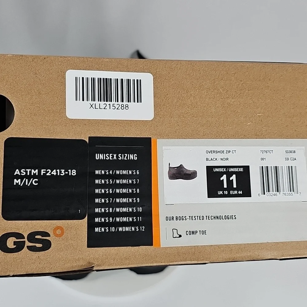 NIB Bogs Overshoe Zip Comp Toe Rain Boots Unisex 11 Black Waterproof Work Shoe